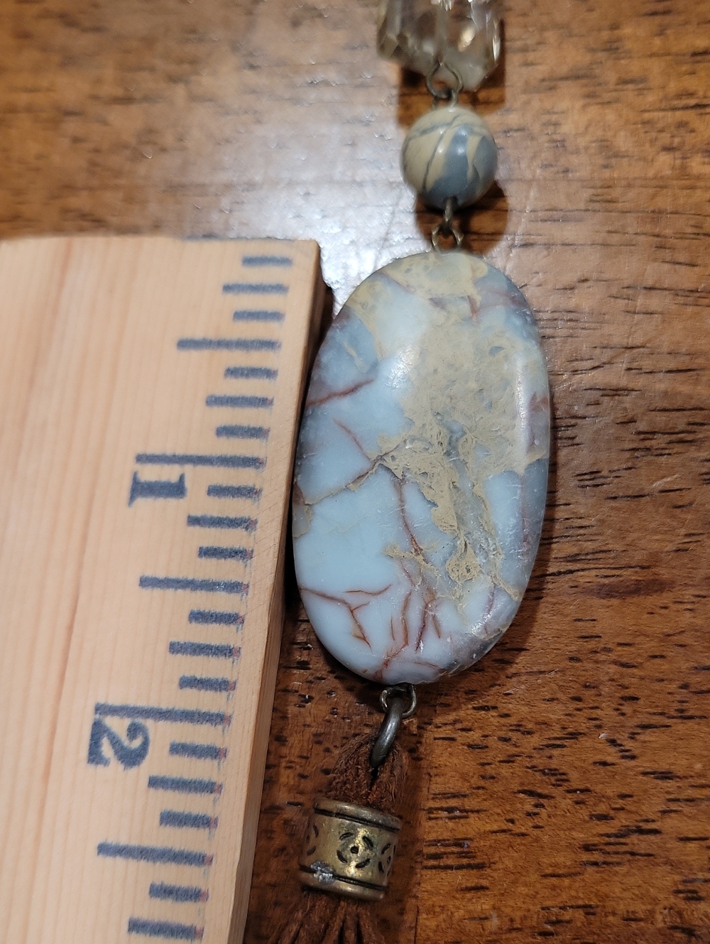 Carol Su Boho Blue Cream and Brown Oval Stone Tassel Necklace - Picture 13 of 15